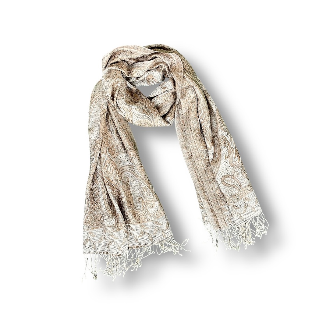 Vintage Azalea Cashmere And Silk Beige Paisley Fringe Scarf  Women Accessories
